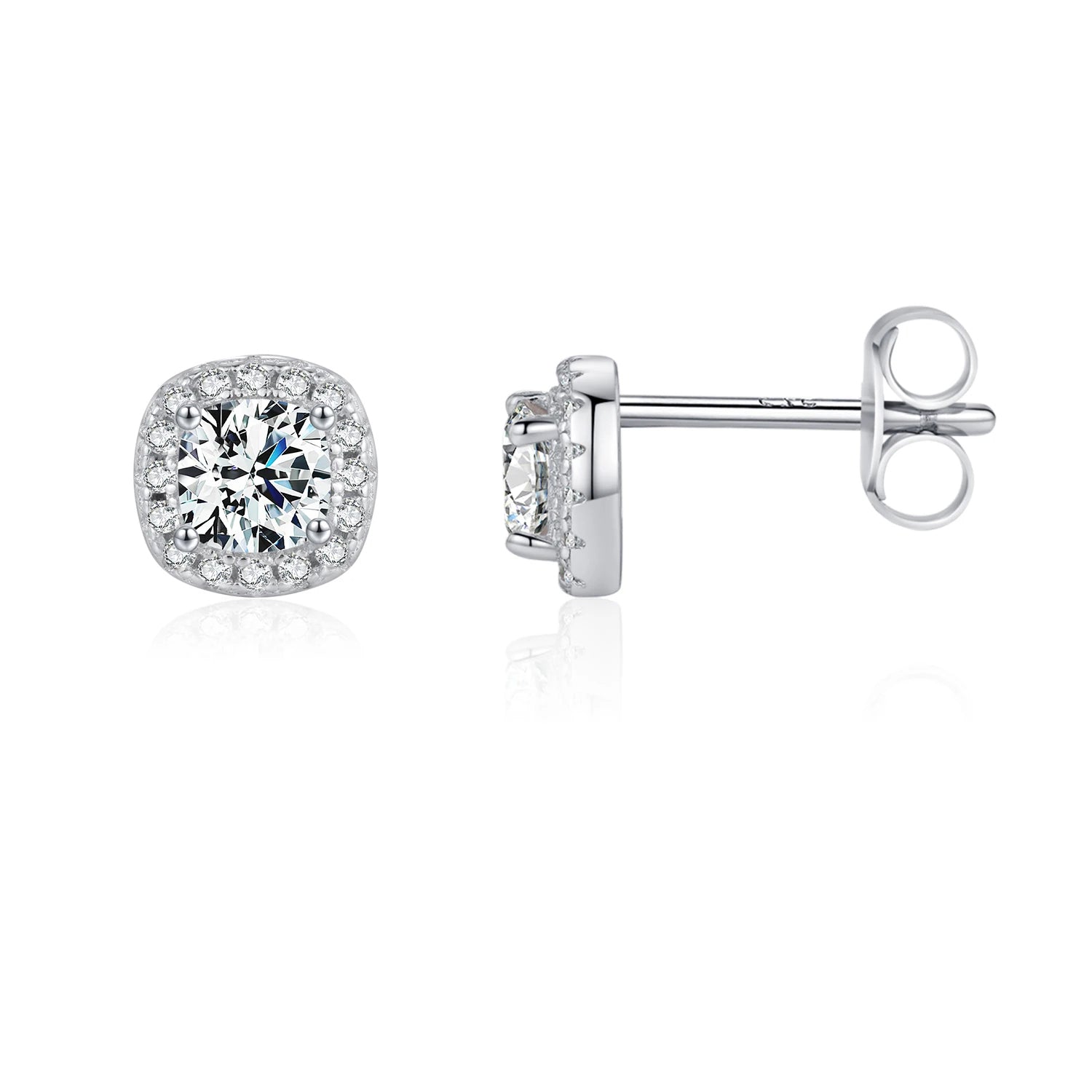 Square cut diamond earrings shown as classic stud earrings in silver