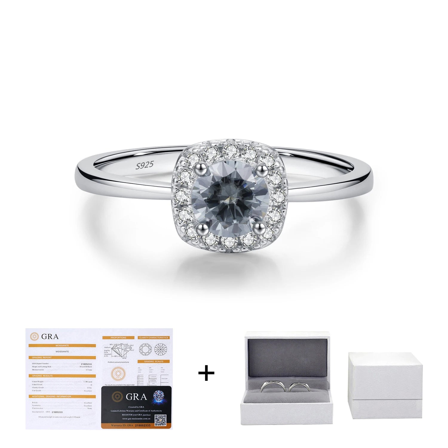 Square halo moissanite jewelry ring with polished silver finish