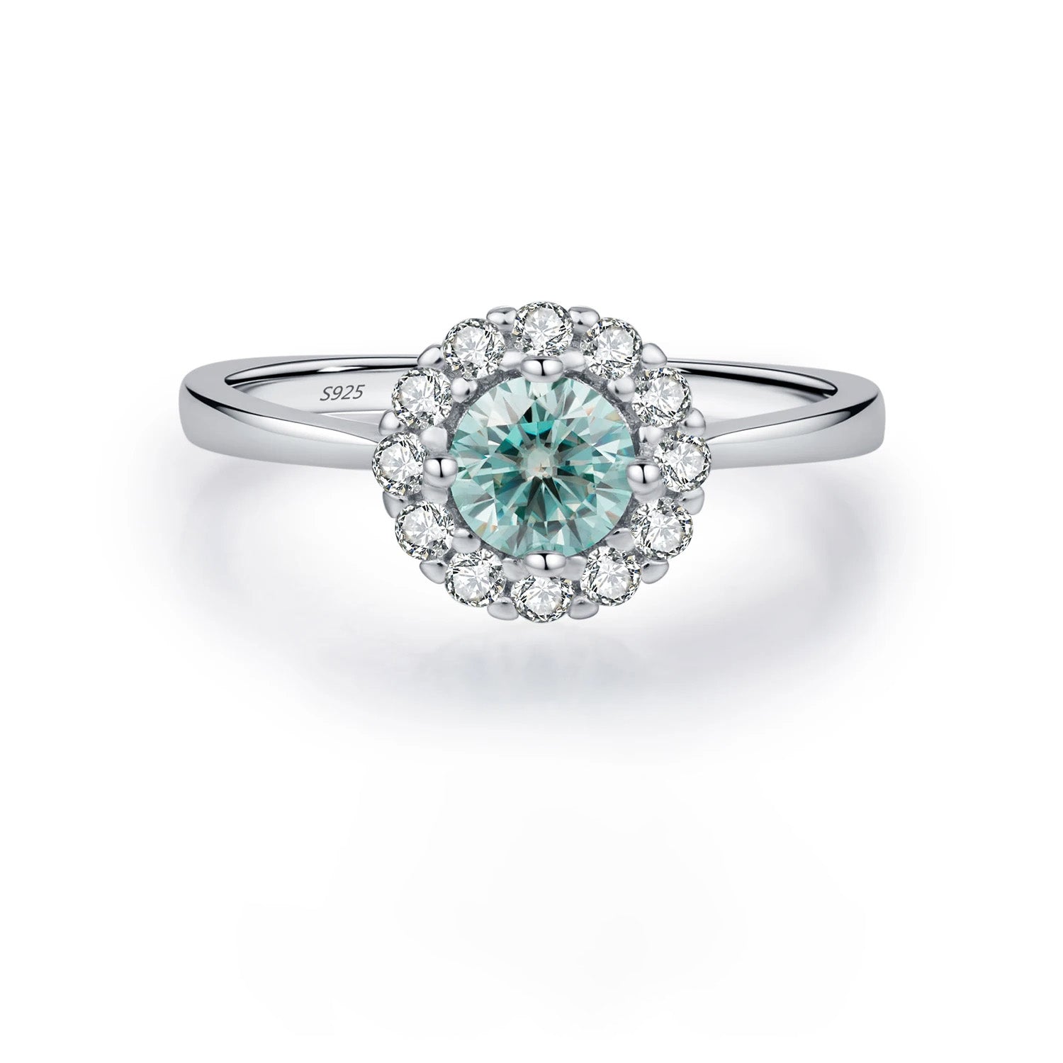 Green moissanite halo ring in 925 sterling silver