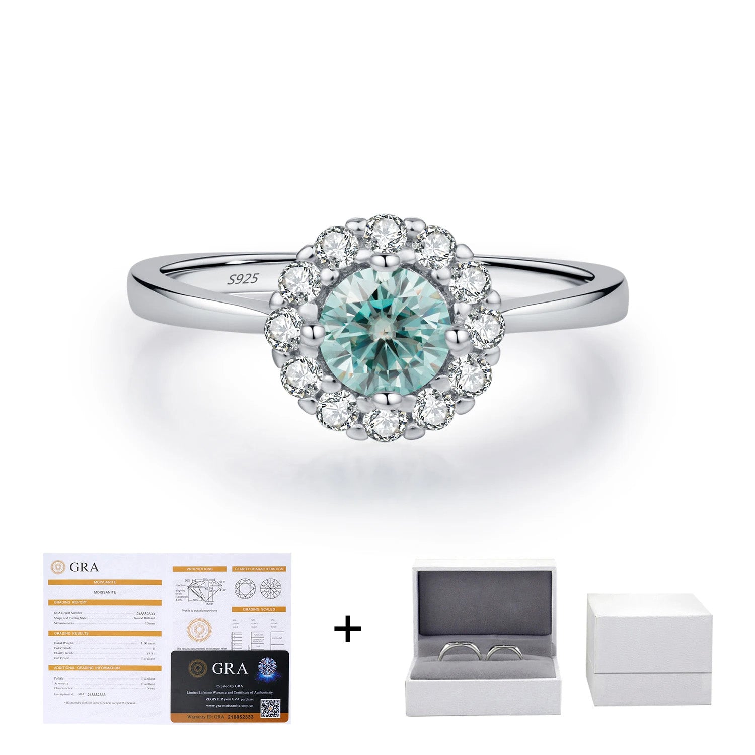 Moissanite diamonds ring green hue in silver setting