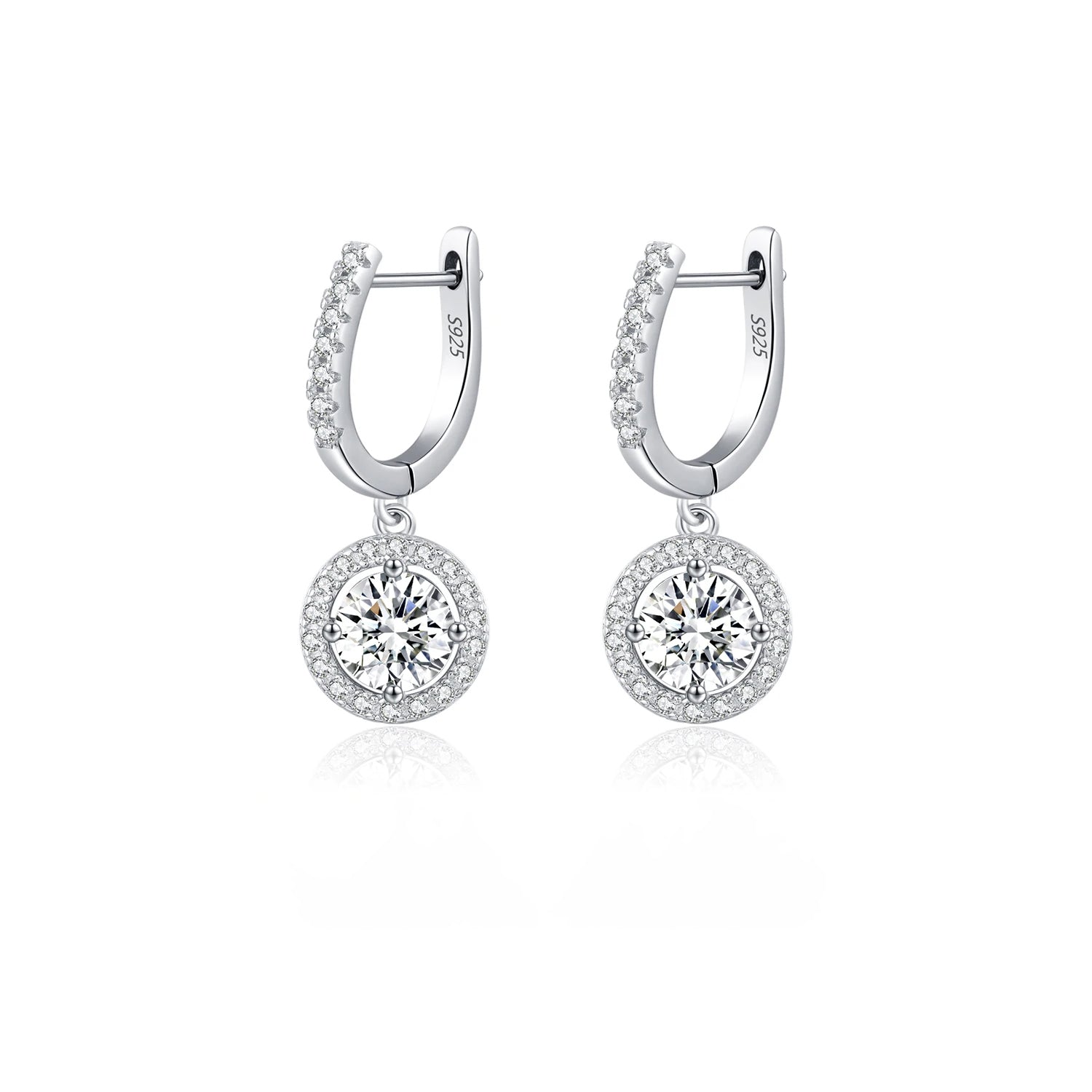 Silver color moissanite earrings shown as elegant drop earrings