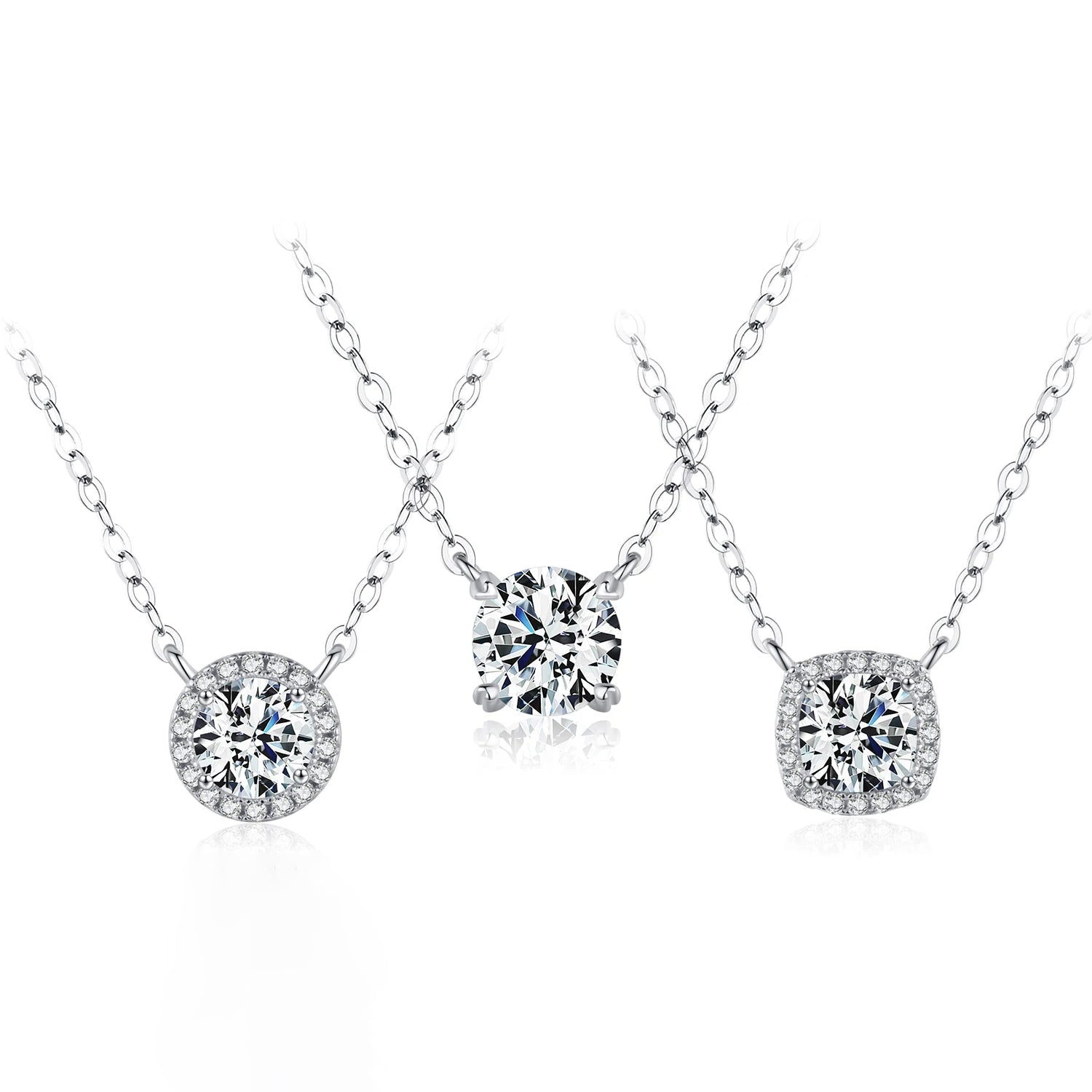 A collection of three moissanite square and round halo pendant necklaces on silver chains, showcasing different views of the necklaces against a white background.