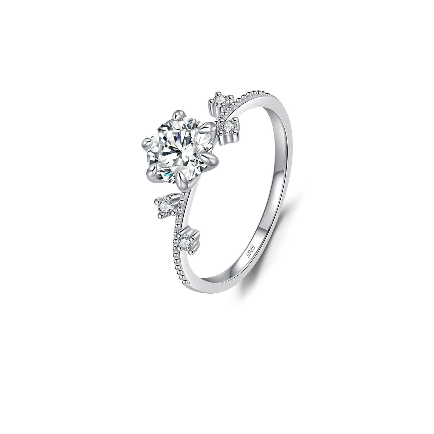 Floral six claw ring moissanite center on a polished silver ring