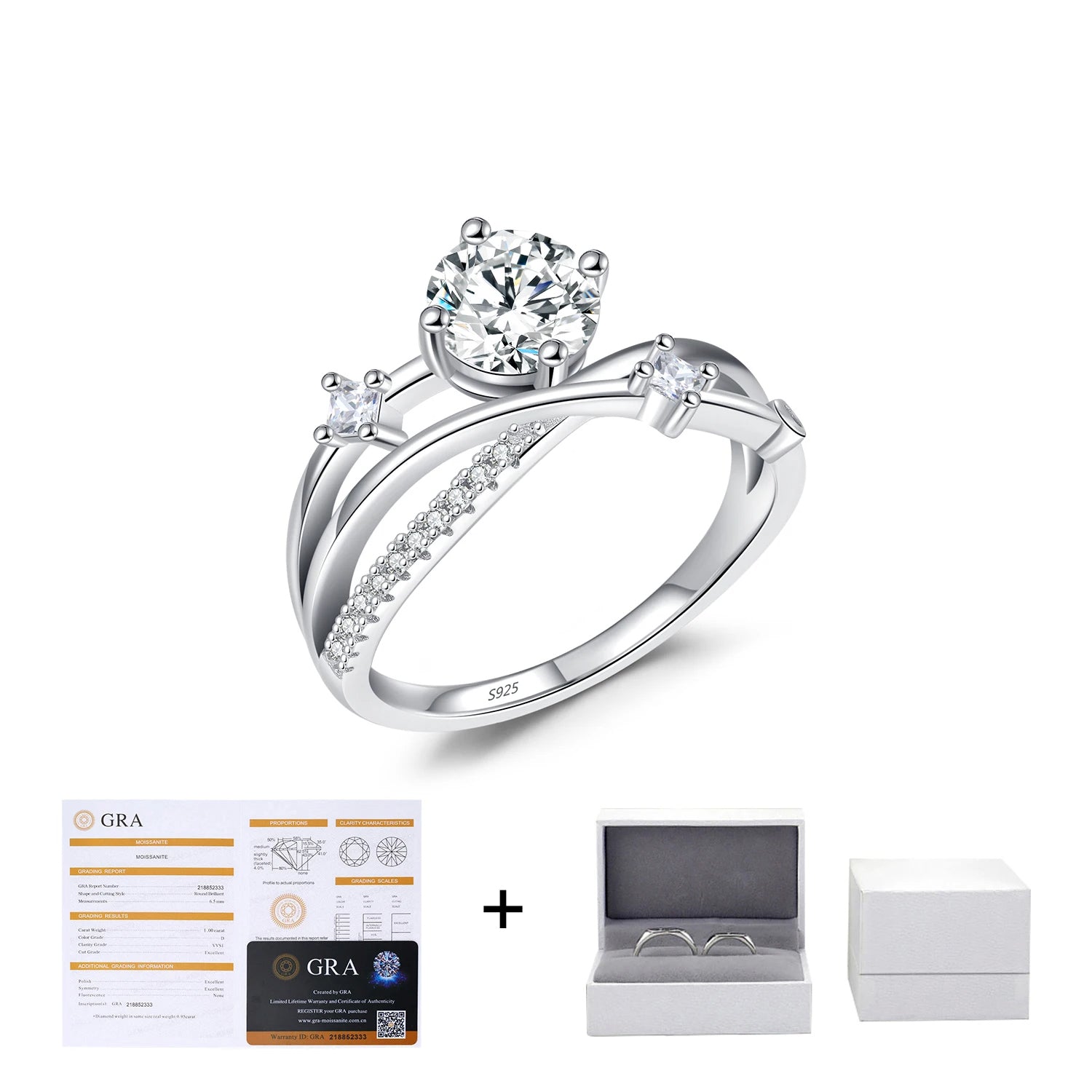 Tray display of moissanite jewelry with a 1CT VVS1 silver ring centerpiece