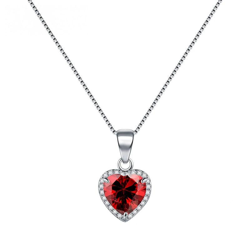 Red crystal heart pendant necklace in sterling silver