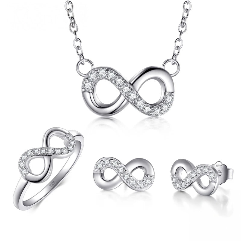 Sterling silver jewelry set with clear CZ infinity ring necklace and earrings
