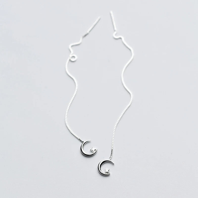 Dream moon dangle earrings with long chain in silver color