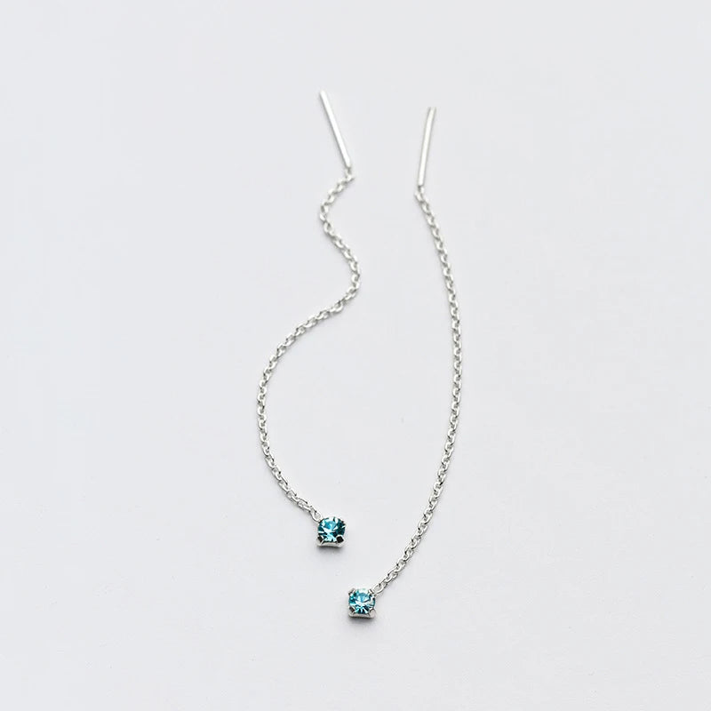 Long tassel chain dangle earrings with blue stone and crystal jewelry shine