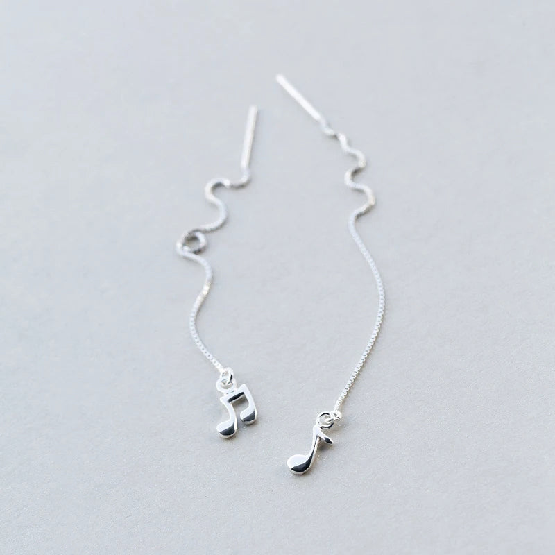 Earrings silver sterling music symbol long drop style