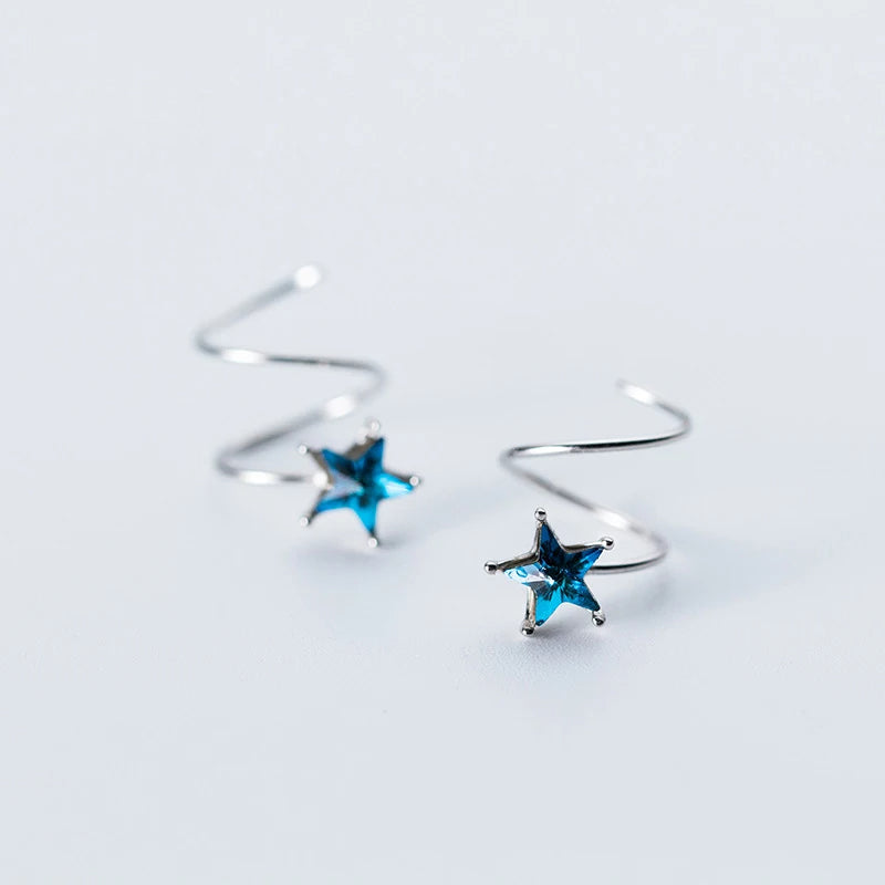 Stud earrings showing blue crystals and sleek silver earrings finish