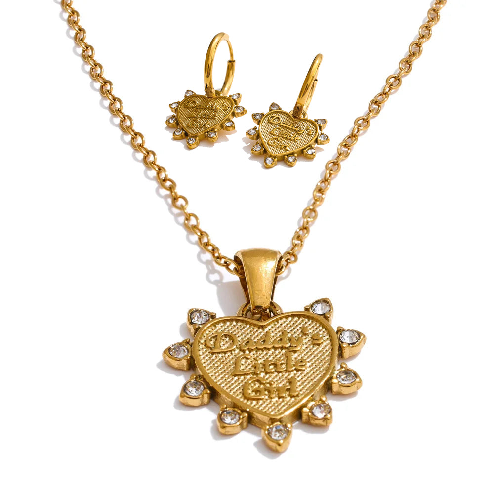 Golden heart pendant necklace and earrings jewelry set