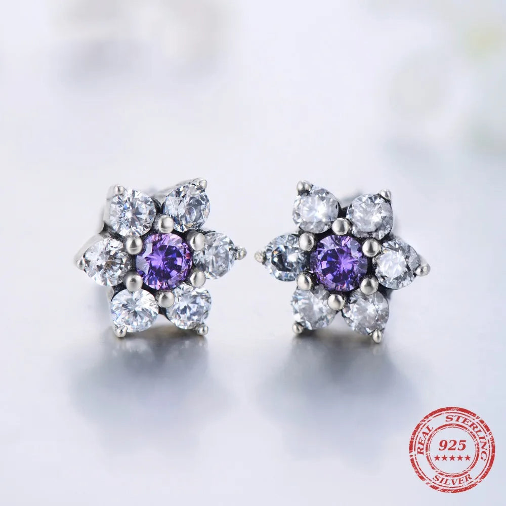 Silver stud earrings featuring a delicate purple stone center