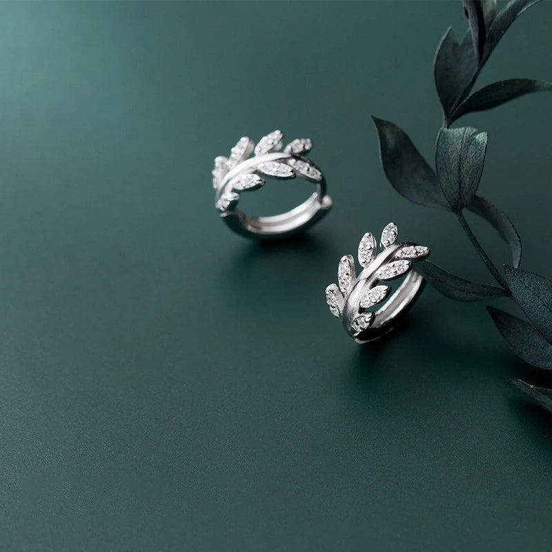 Silver hoop ear rings with delicate Tree Branch motif and Zircon sparkle