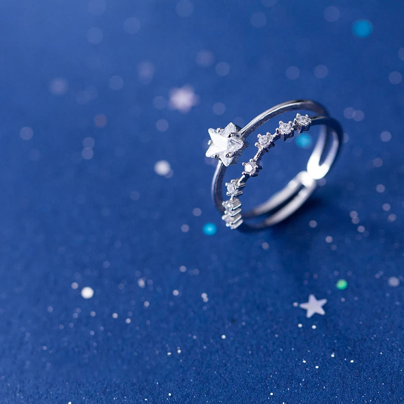 Close view of a silver ring with cz ring accents in 925 sterling silver