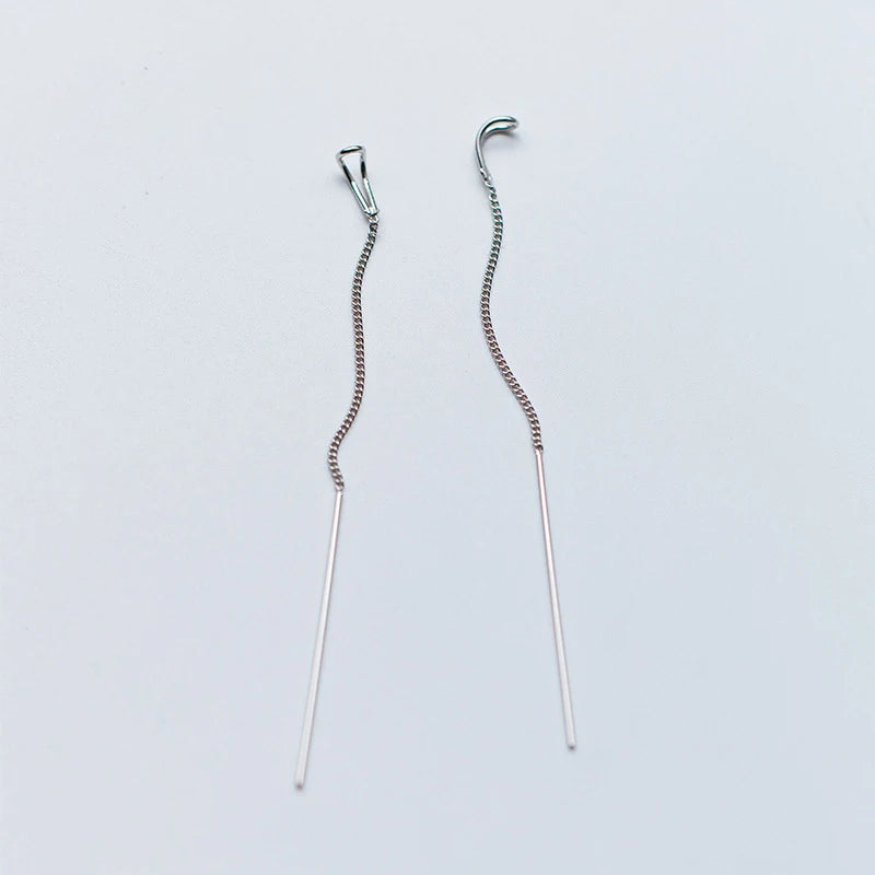 Chain long silhouette on refined silver color drop earrings