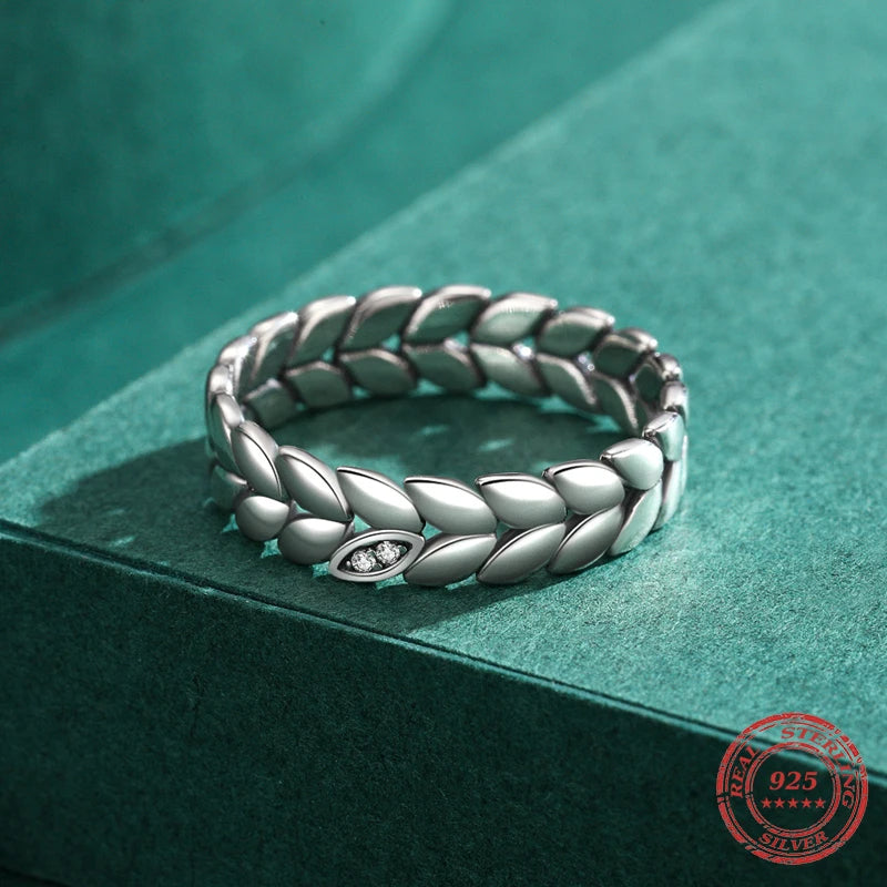 Jewelry store display of 925 sterling silver lucky leaves ring and earrings