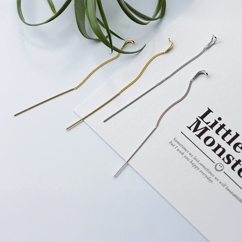 Minimal ear rings style with long chain drop earrings