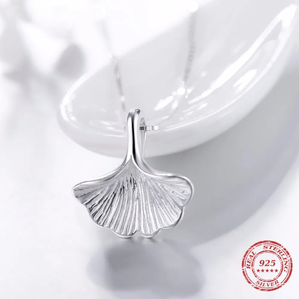 Silver necklace sterling style featuring a ginkgo leaf pendant necklace
