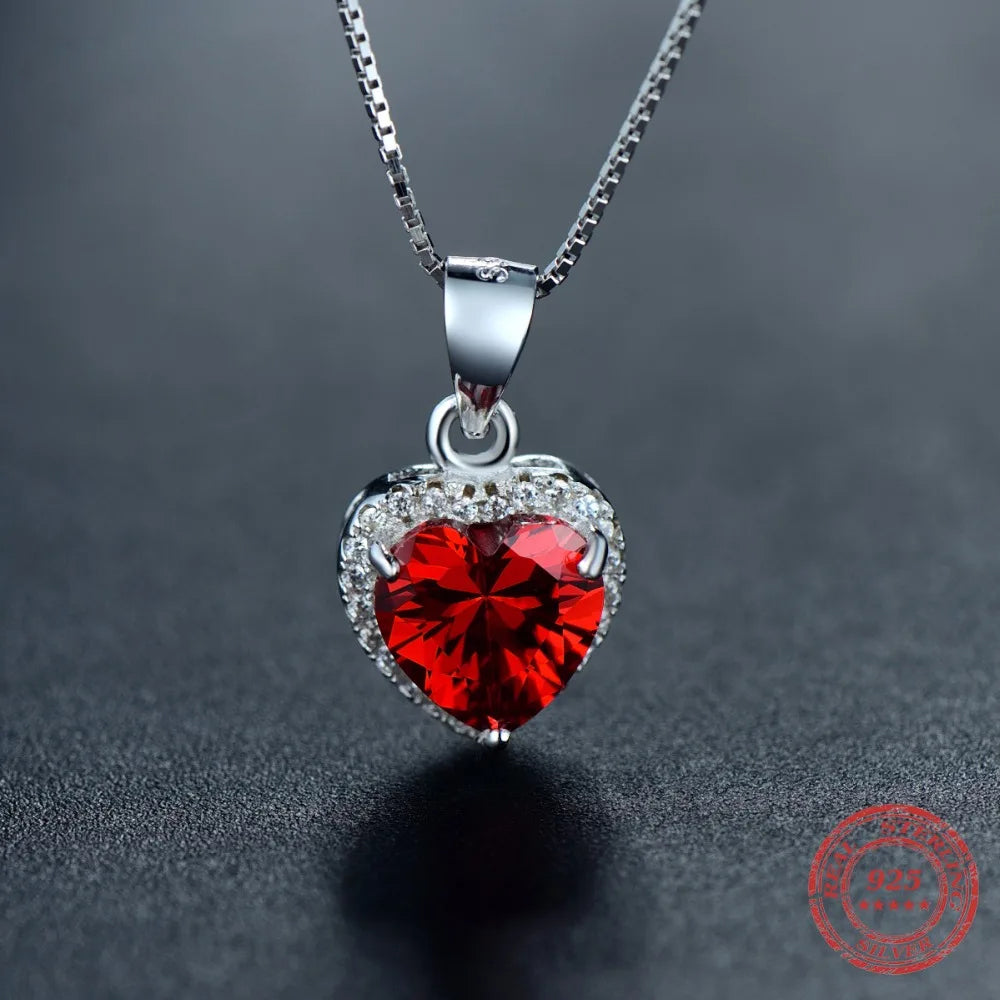 Heart necklace silver with vivid red crystal charm
