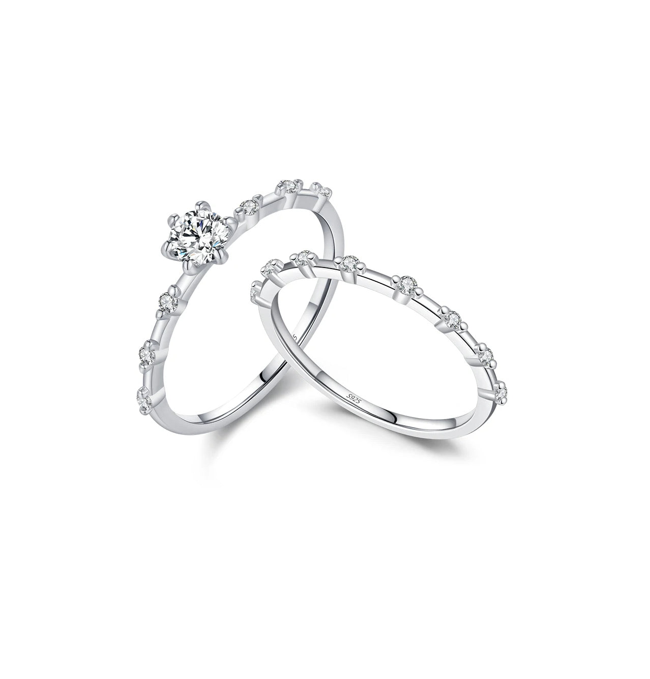 A sterling silver eternity ring featuring a moissanite centerpiece with a timeless band design, surrounded by smaller moissanite stones.