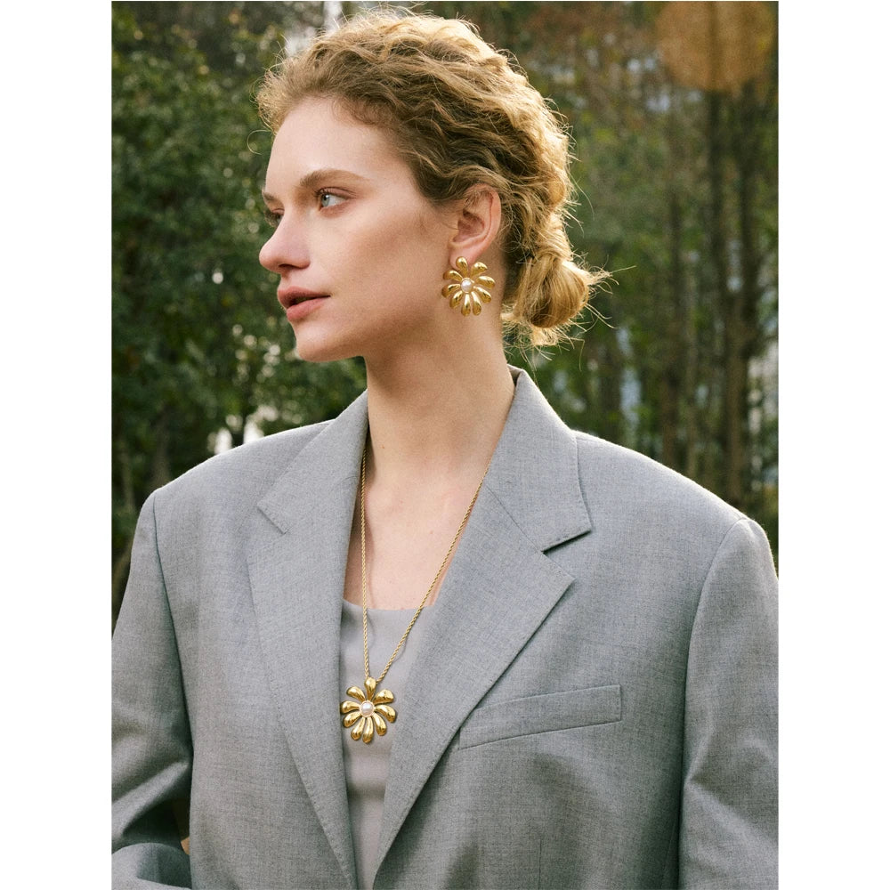 Stainless steel jewelry set showing flower earrings and a delicate necklace flower