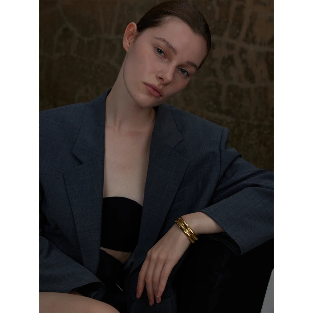 Round open cuff bracelet 64mm stainless steel textured layers