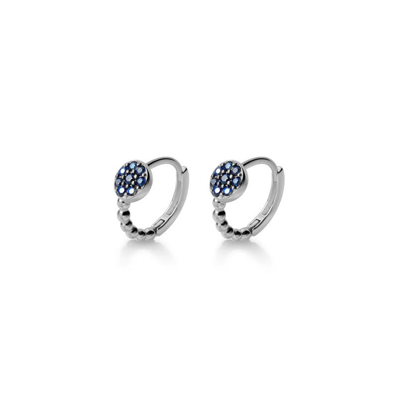 Blue crystal hoop earrings in 925 sterling silver with light bead accents