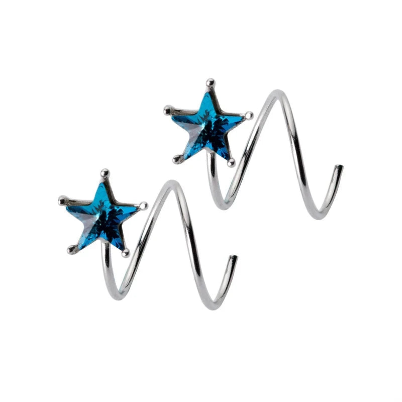 Star earrings with blue crystals in polished silver color