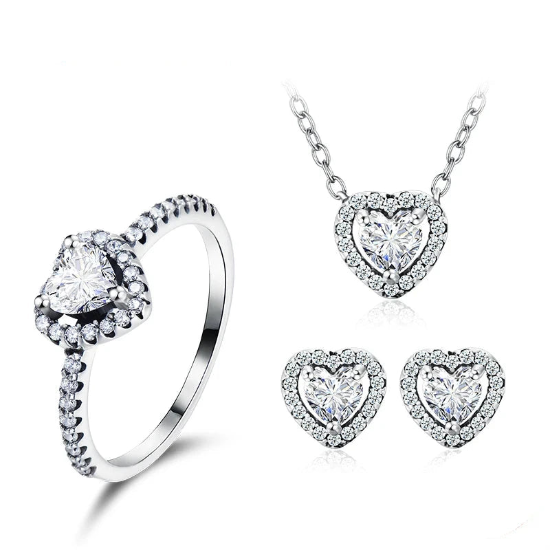 Jewelry set in 925 sterling silver with silver heart necklace and heart earrings