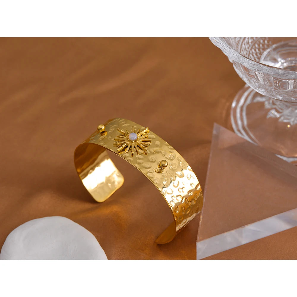 Gold cuff bracelet styled as a bracelet for gold everyday look