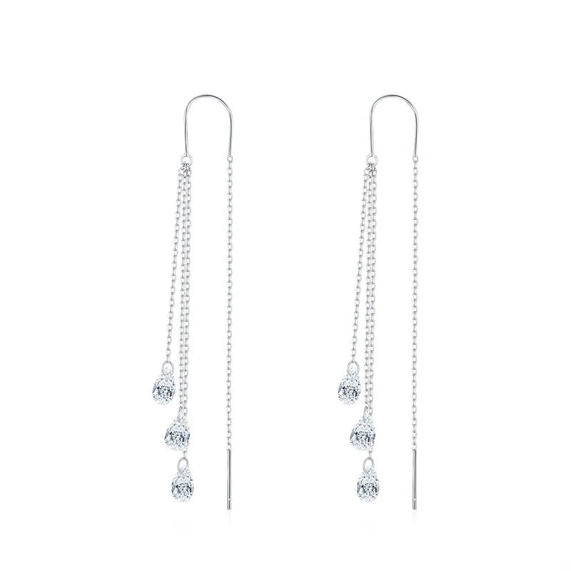 Clear CZ line drop earrings 925 sterling silver tassel design