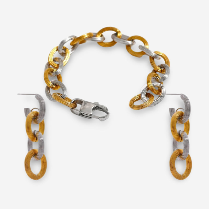 Ear rings in gold plated stainless steel earrings beside a matching gold bracelet