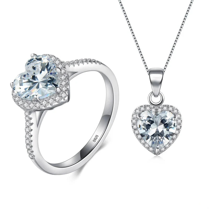 Sterling silver jewelry set with heart necklace and ring size options