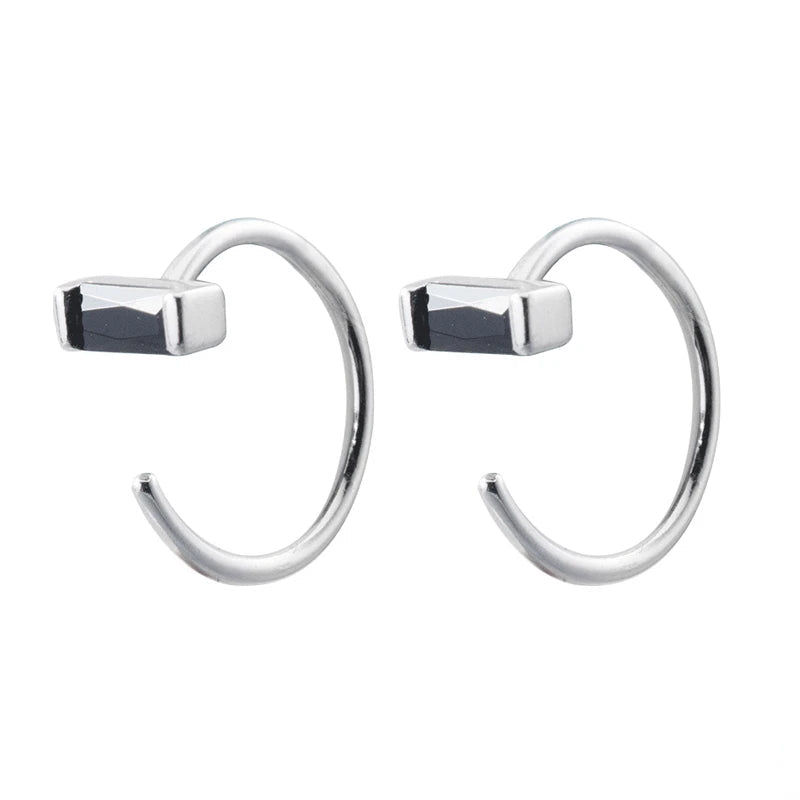 Obsidian rectangle silver hoop earrings with dark gem centerpiece