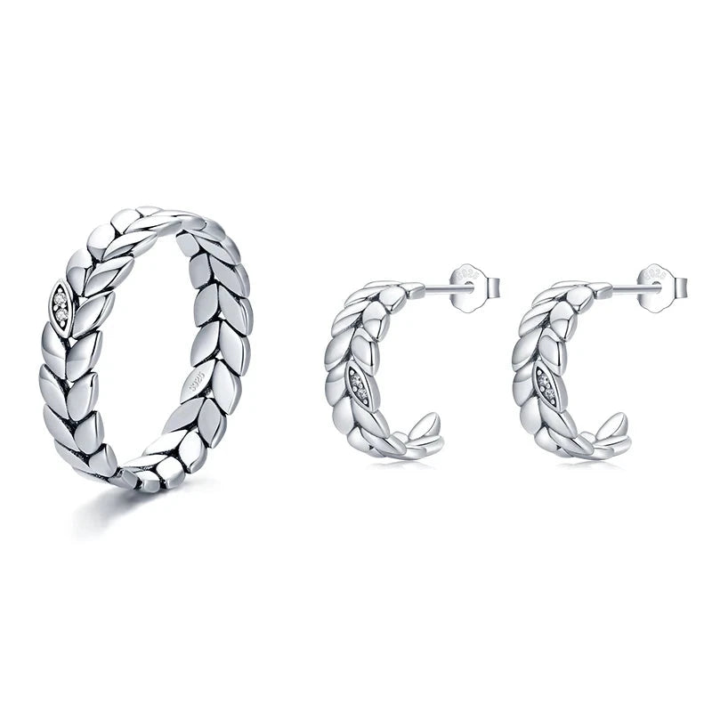 Lucky leaves sterling silver jewelry set with ring and earrings in 925 sterling silver