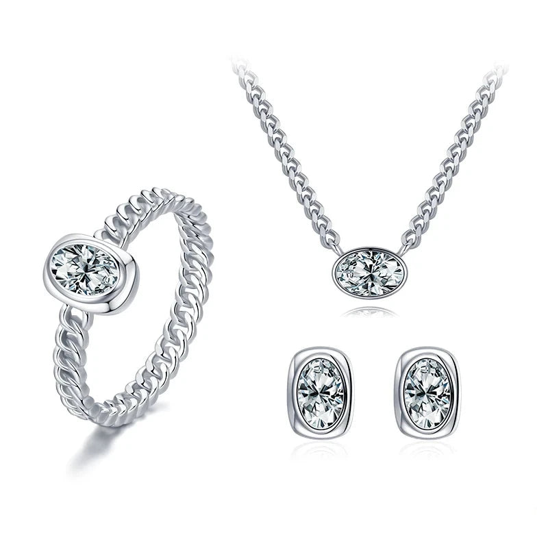 Oval clear CZ jewelry set necklace & earrings sterling silver