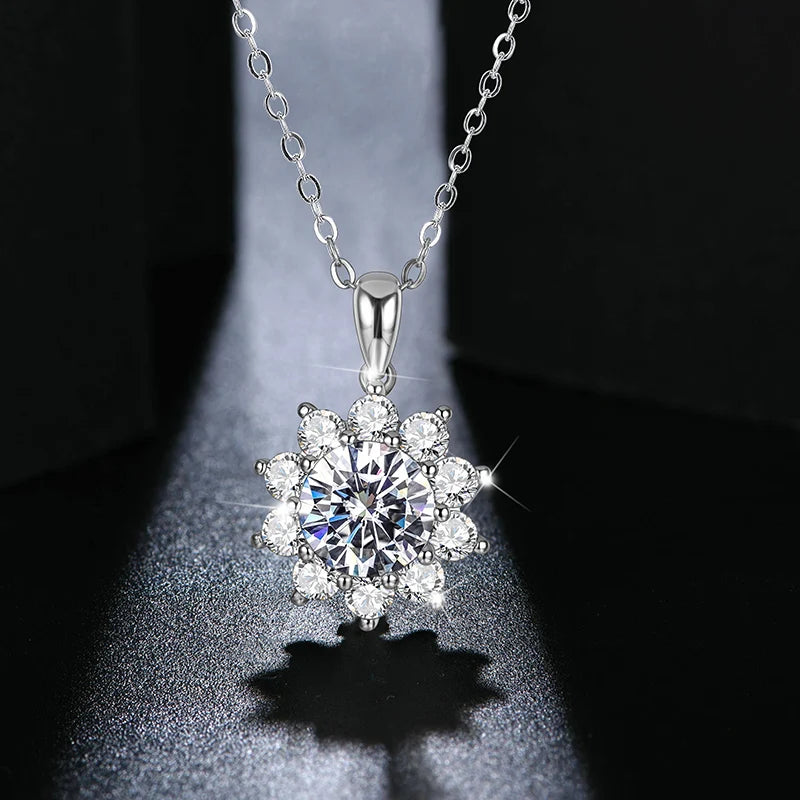 Close view of moissanite jewelry sparkle on a pendant necklace in 925 silver