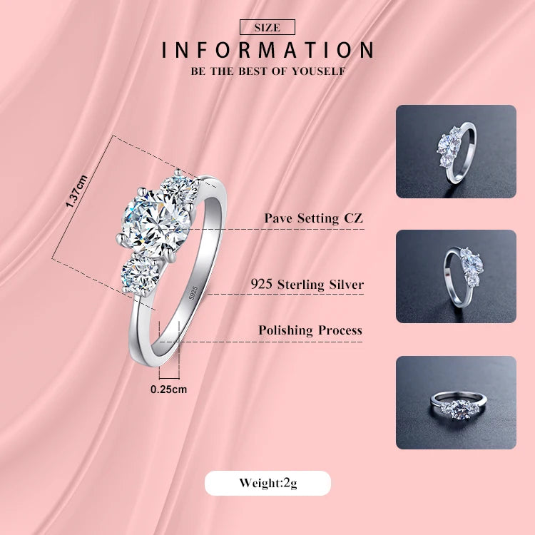 Sterling silver three stone zircon ring for women