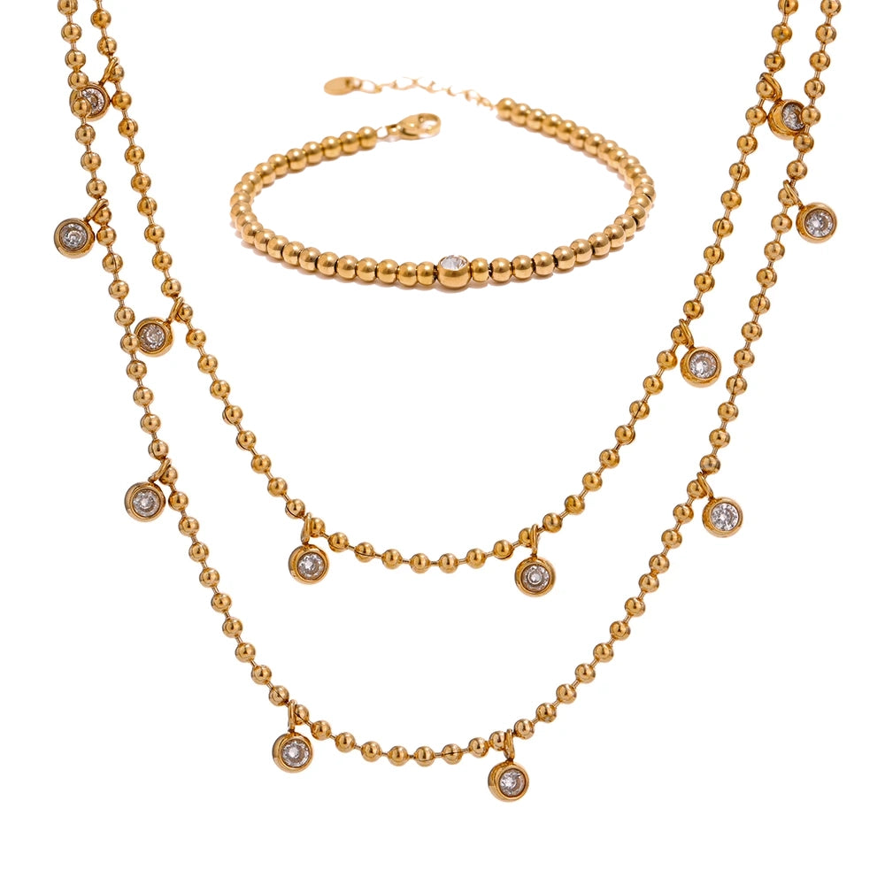Double-layer necklace & bracelet set with cubic zirconia beads stainless steel