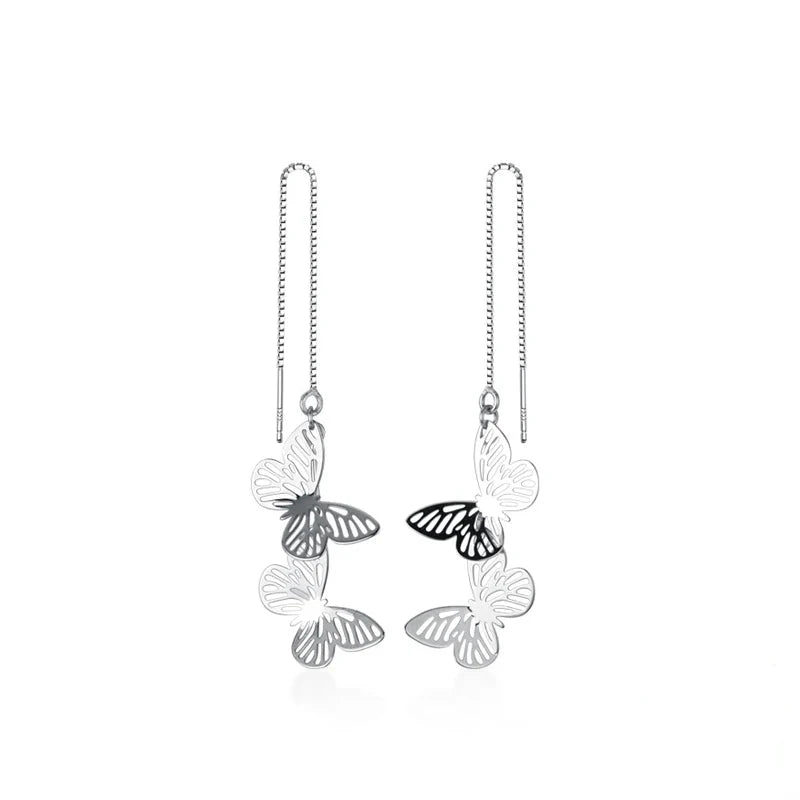 Butterfly earrings in silver color with delicate drop earrings