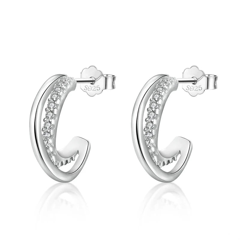 Silver-line clear CZ stud earrings 925 sterling silver geometric line design