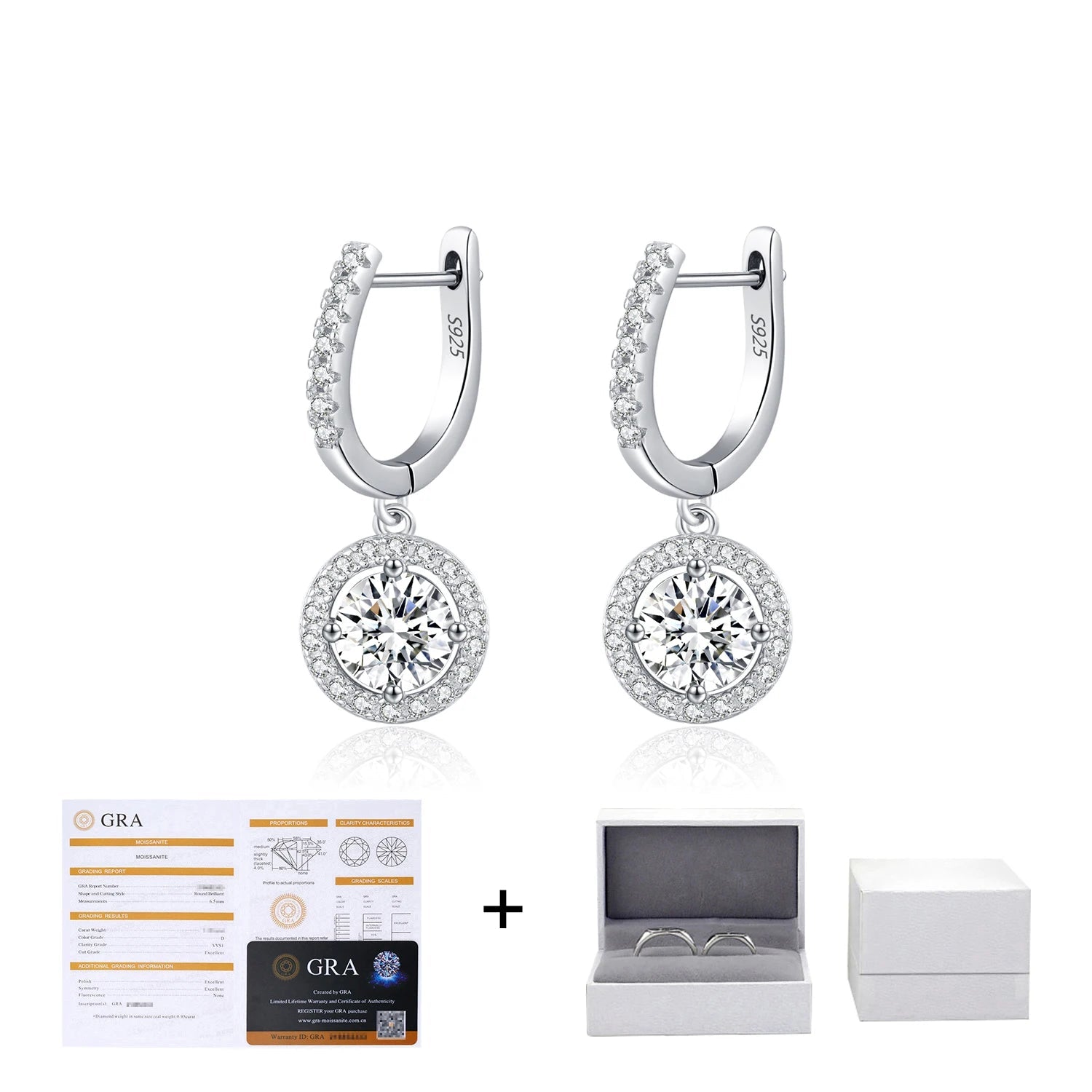 Silver color moissanite earrings arranged with silver hoops accents