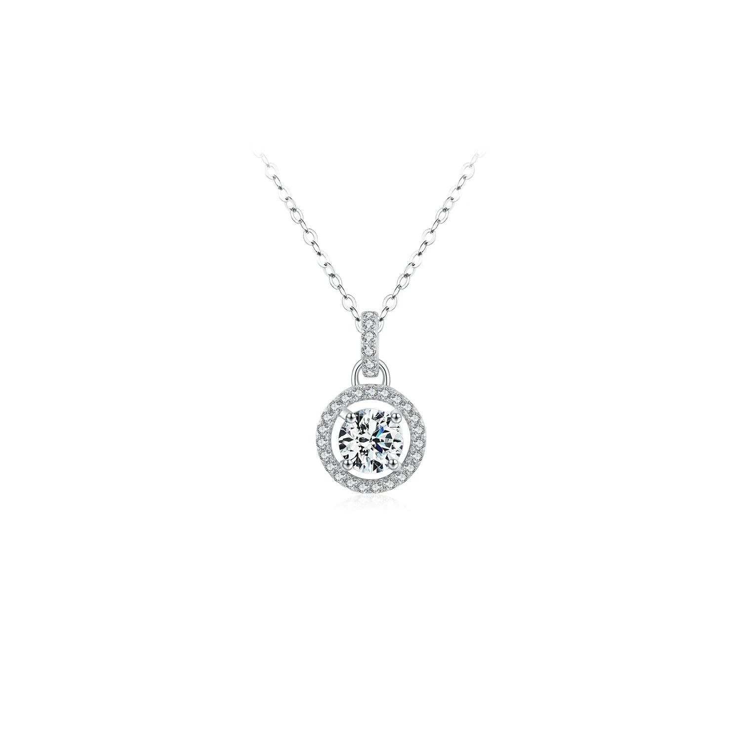 Delicate chain necklace carrying a moissanite jewelry charm necklace