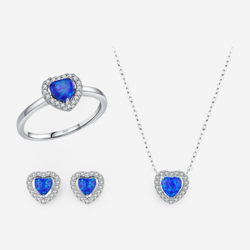 Dark blue opal earrings necklace ring set 925 sterling silver
