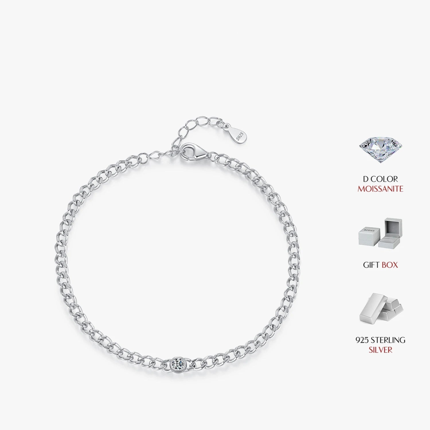 D color VVS1 moissanite chain bracelet set in polished sterling silver