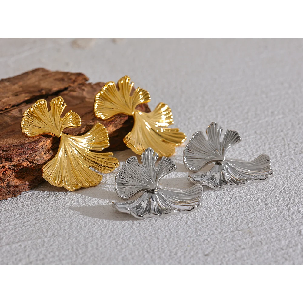 Ear rings ginkgo leaf gold plated stainless steel drop