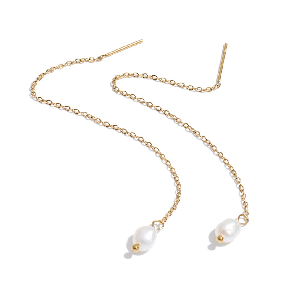 Front view of gold plated long chain pearl drop earrings
