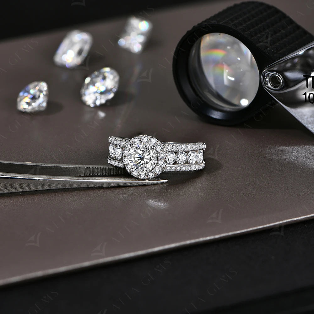 Round cut diamond ring look featuring VVS1 moissanite diamonds on a smooth band