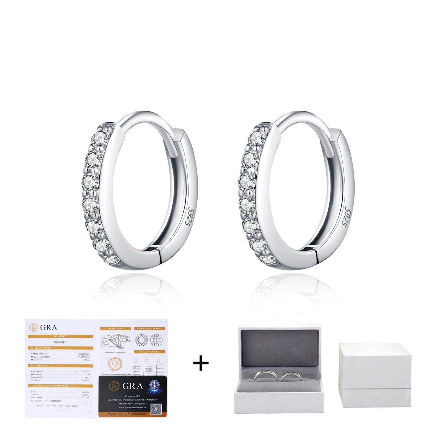 Model wearing moissanite hoop earrings in silver for a day to evening outfit