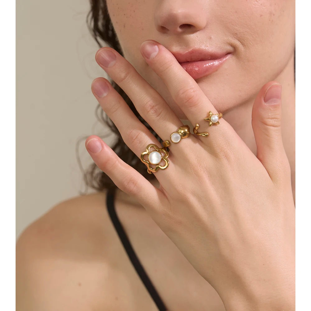 women’s gold plated stainless steel ring simulated pearl flower design adjustable